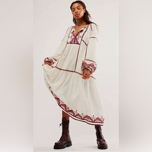 Free People Sweet Escape Midi Boho Peasant Dress in Cream Combo Size XS …